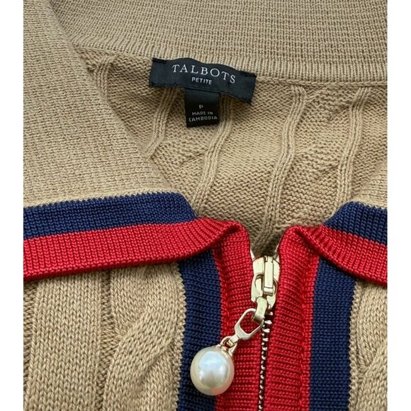 Talbots Cable Knit Full Zip Sweater Cardigan Tan Pearl Button Preppy Size PP/0-2 - Picture 8 of 10